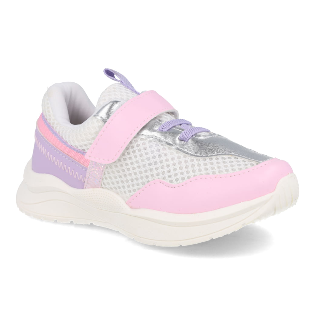 Tênis infantil Funfeet branco com detalhes rosa e lilás, vista frontal lateral direita